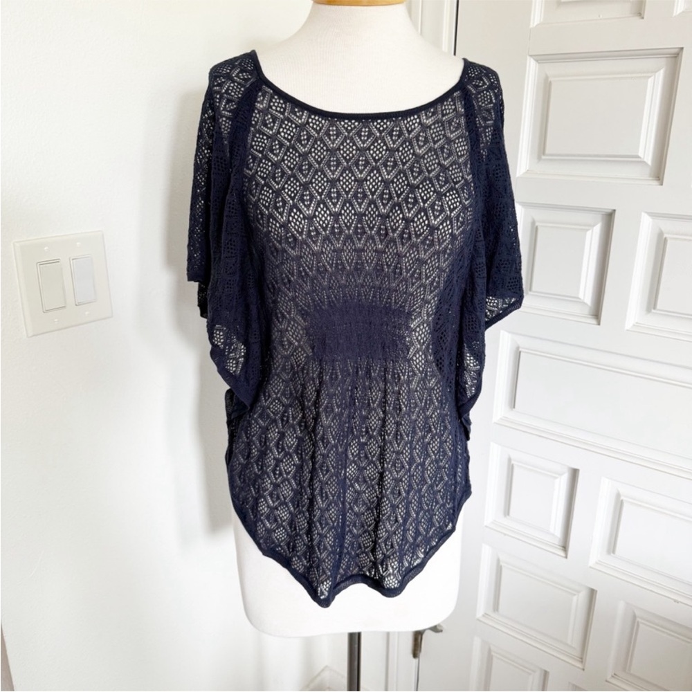 Anthropologie Moth Open Knit Top Navy Blue Bat Sleeve Intricate Lace Size Large